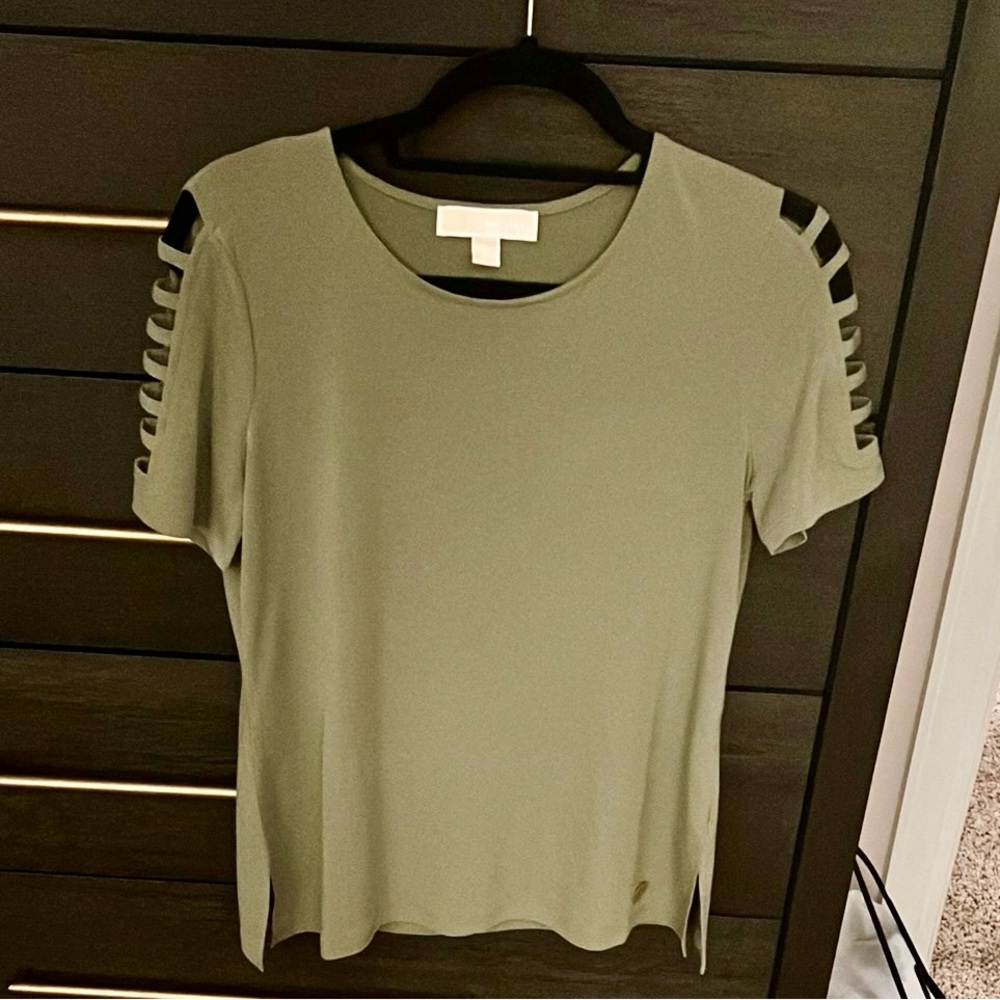 Light Olive Green Short Sleeve Top with Cutout Details